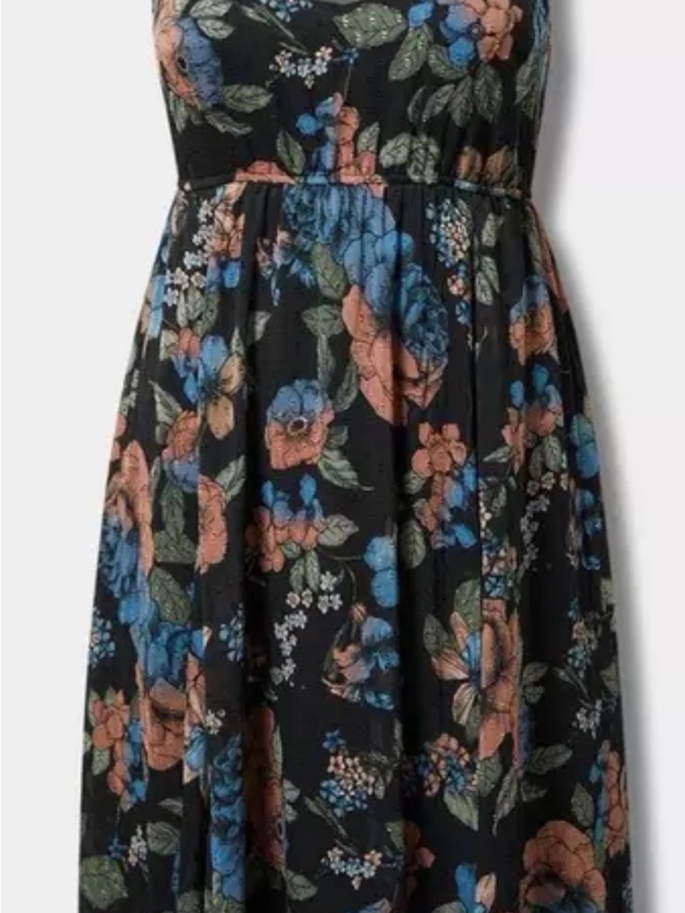 Black Floral Midi Dress with Blue and Peach Flowers